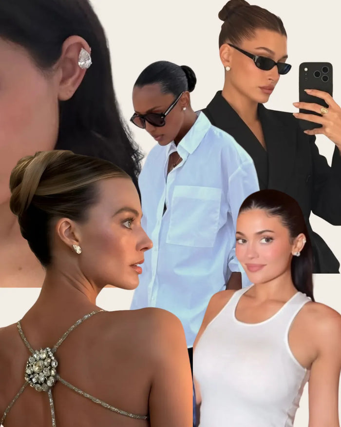 Collage of single diamond studs worn with slicked-back hair and clean tailoring