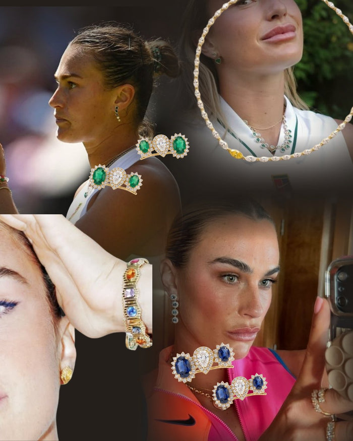 Aryna Sabalenka wearing coloured stone jewellery, a collage of on and off court moments