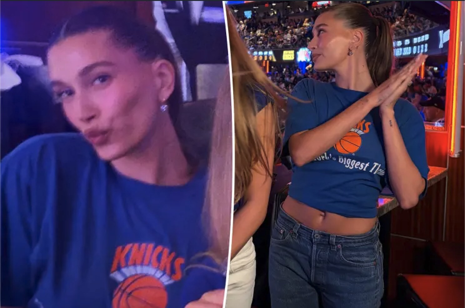 The everyday half of the equation — the same drop, dressed all the way down, with denim and a courtside tee. Image: @haileybieber